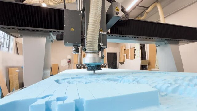 Slow-motion footage of a CNC router performing rough milling on an extruded polystyrene sheet. Precision machining for sculpture carving, showcasing automated cutting in a professional workshop.