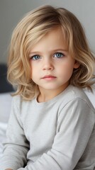 Child portrait with light-colored hair and blue eyes against a soft background, ideal for designers seeking chaos-inspired elements
