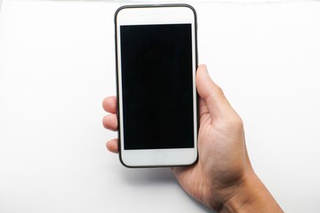 concept, cell phone in hand with white background, easy modification