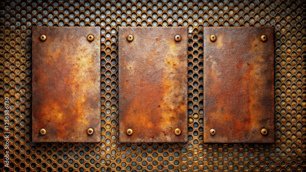 Poster rustic metallic background featuring three textured, riveted plates on a perforated metal surface