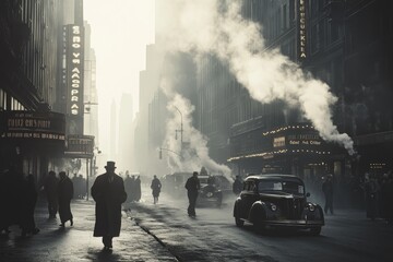 Vintage new york city street scene with steam rising from subway grates