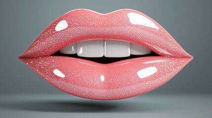 Obraz premium Glossy pink lips with glitter effect – 3d render of sparkling lipstick on smooth, luminous lips with white teeth on a soft gray background.