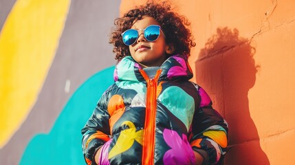 A stylish child in a vintage puffer jacket with a fun pattern