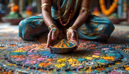 An artist's hand meticulously creating a colorful rangoli design, a traditional Indian art form symbolizing joy and diwali celebration happy diwali