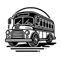 Vintage Bus: A Classic Black and White Illustration. Retro Travel, Transportation Design, School Bus, Journey, Passenger Vehicle, Classic Vehicle, Old School Bus, Black and White Graphic Art