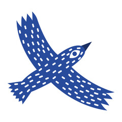 A cute doodle illustration of a blue folk bird. Whimsical folklore creature. Isolated on white.