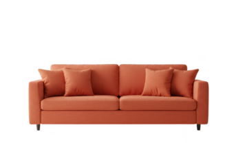 Bright orange fabric sofa with two large cushions and two side pillows, isolated on white background