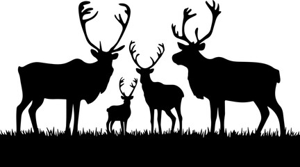 Collection of silhouettes of wild animals - the deer family, design for Xmas cards, banners and flyers, vector illustration isolated on white background.