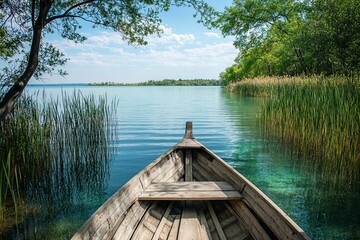 Obraz premium Wooden boat floating on the lake