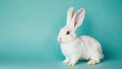 Obraz premium White rabbit on a turquoise background