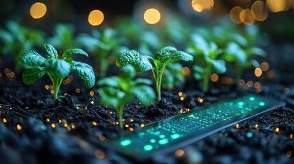 A tablet shows data about plants growing in a greenhouse. The plants are healthy and are being watched by modern technology.
