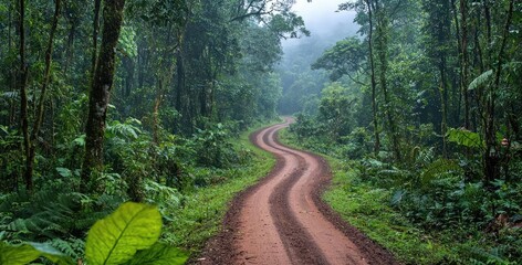 Obraz premium Countryside roads nature concept. A winding dirt path through a lush, green forest shrouded in mist.