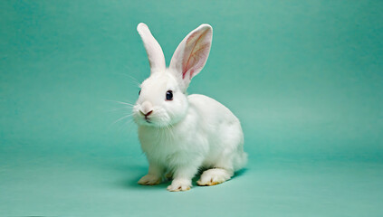 Obraz premium White rabbit on a turquoise background