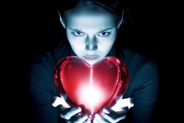 Commercial ad campaign visual idea. Adult valentine's day greeting card: midlife woman with discontented face holds red heart in hands. Sign of love and affection. Love story photography.