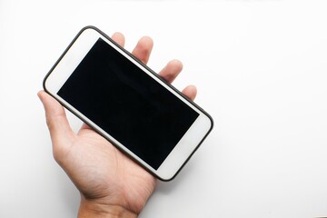 concept, cell phone in hand with white background, easy modification