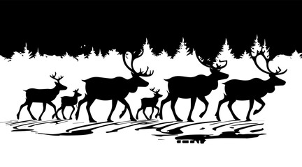Collection of silhouettes of wild animals - the deer family, design for Xmas cards, banners and flyers, vector illustration isolated on white background.