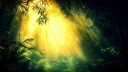 Fototapeta premium Golden sunlight beams through lush green tropical forest, illuminating dust motes and creating a magical atmosphere. Dark shadows contrast with