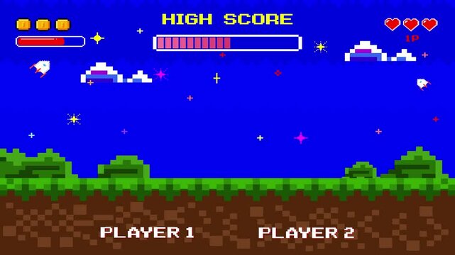 press start. pixel game background, natural landscape with blue sky, trees and green grass. Pixelated 8 bit video-game. Arcade interface with golden cup and stars. Computer game victory.