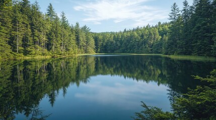Fototapeta premium Lake reflections nature concept. A serene lake surrounded by lush greenery and tall trees under a clear blue sky.