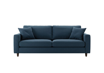 Deep blue fabric sofa with two large cushions and two side pillows, isolated on white background