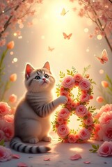 Obraz premium A fluffy white kitten playfully touches a glowing floral number eight, surrounded by roses and butterflies in a soft, dreamy setting