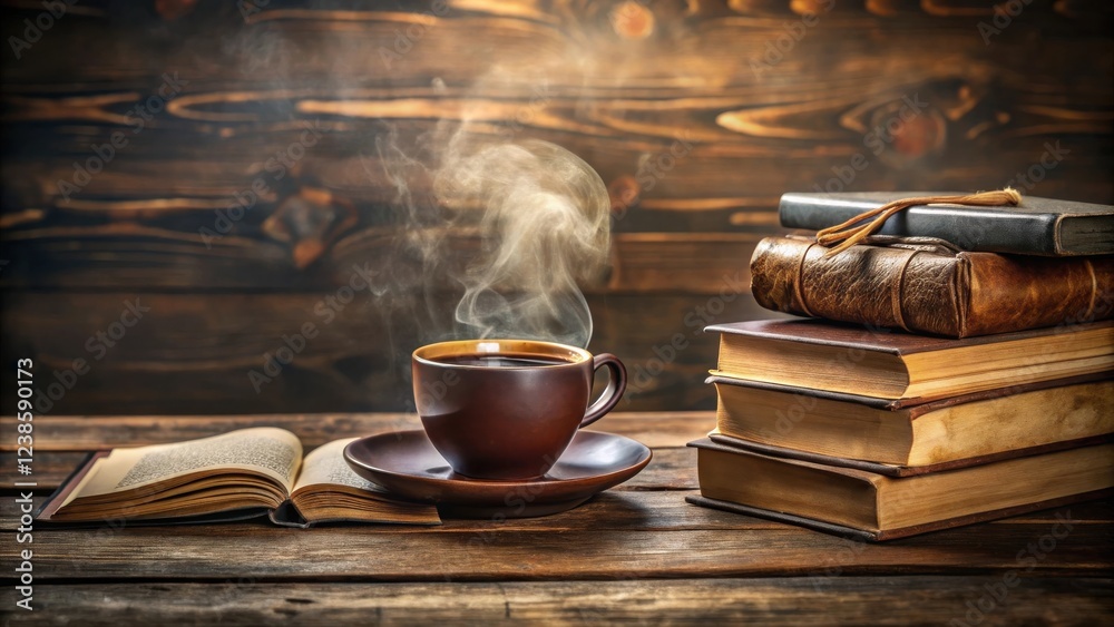 Poster a steaming cup of coffee rests beside an open book and a stack of antique volumes on a rustic wooden