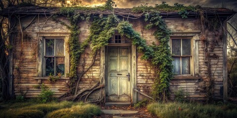 Overgrown Rustic Wooden House with Weathered Exterior and Lush Green Vines