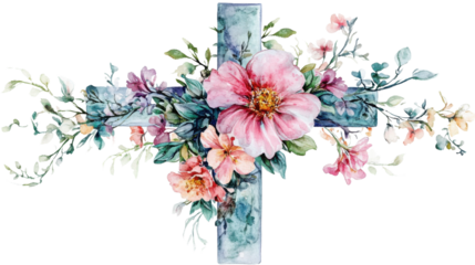 Watercolor cross decorated with blooming flowers on transparent background