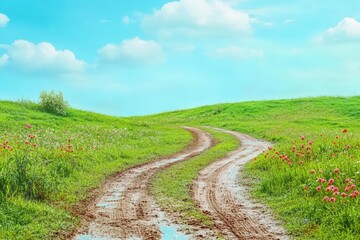 Obraz premium Warm Ramadan day highlighting muddy paths surrounded by blooming flowers under a clear blue sky