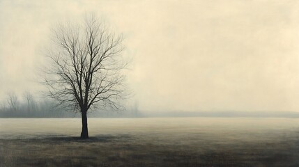 Lonely tree stands subtly in misty field soft light. AI Generated