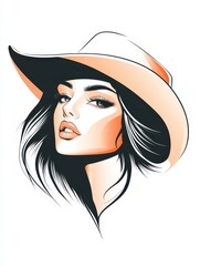 Elegant woman with a hat showcases a striking black and white digital illustration emphasizing facial features and style, radiating confidence and grace