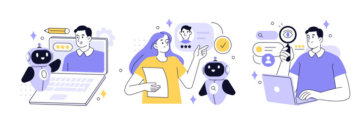 Hiring set. Characters use artificial intelligence technology for business recruitment process, job searching, interview. Human recourses concept. Vector illustration.