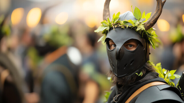 An energetic view of the Obby Oss festival in Cornwall, England, with costumed participants
