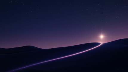 Starlit Road: A lone road winds through rolling hills, bathed in the ethereal glow of a starlit night, creating a mesmerizing, otherworldly scene.  The light trails across the hillsides.