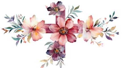 Watercolor floral cross with pink and purple flowers on transparent background