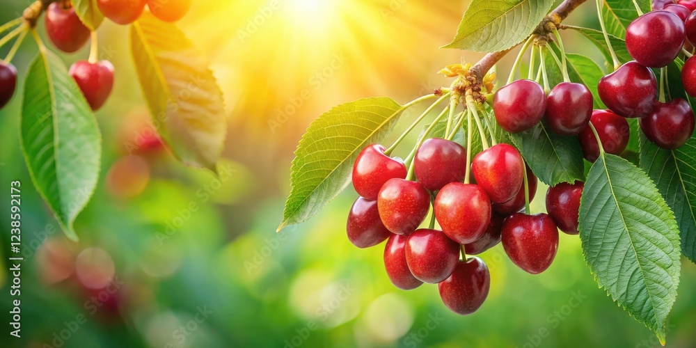 Poster sunlit cluster of ripe red cherries hanging on a branch with vibrant green leaves