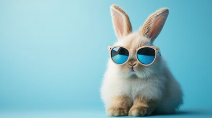 Adorable fluffy rabbit wearing stylish sunglasses against a pastel blue background, capturing a playful and fun essence of a pet's personality and charm in a whimsical setting