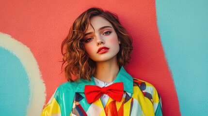A girl in iconic pose wearing vibrant raincoat and red bow tie