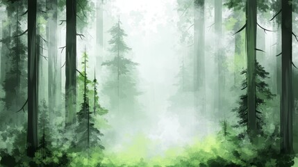 Obraz premium Misty green forest scene with tall trees and soft light. Lush vegetation and fog create a serene atmosphere. Digital painting in a pixel art style