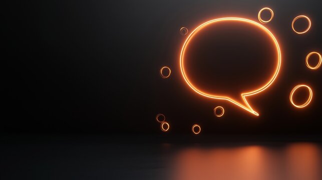 Neon Conversation: A glowing orange speech bubble shines in the dark, with smaller circles around it, symbolizing the beginning of a conversation or a spark of new ideas.  