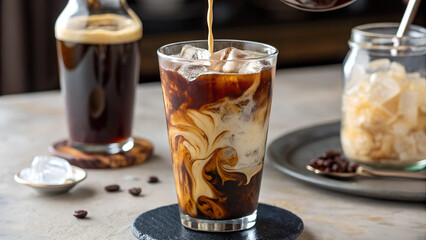 Cold brew coffee is being poured into a glass with ice and milk, with a swirl of creamy coffee
