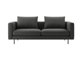 Minimalist dark gray fabric sofa with two large cushions and square armrests, isolated on white background