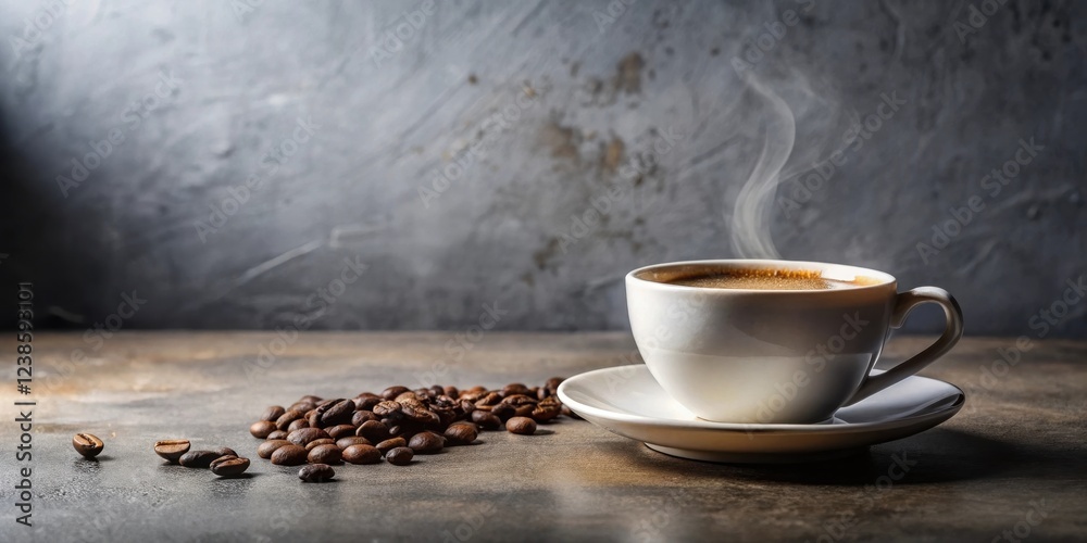 Poster aromatic steam rises from a cup of coffee, accompanied by a scattering of roasted beans on a rustic 