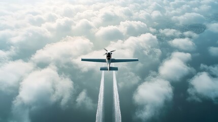 Small airplane flies above fluffy clouds leaving white streaks