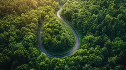 Serpentine Road Winding Through Lush Green Forest inBright Sunshine, Perfect for Travel and Nature Enthusiasts Seeking Scenic Views and Adventure