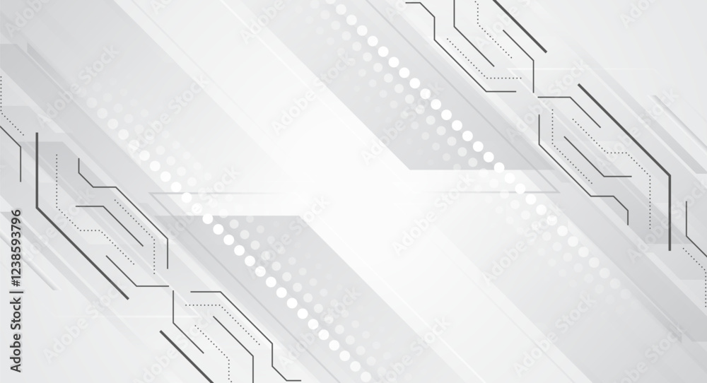 Poster Futuristic white and gray stripes. Modern high-tech background for presentations and websites. Digital internet communication. Abstract background with glowing dynamic lines and circles.