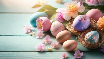 Fototapeta premium Easter eggs with flowers on table 