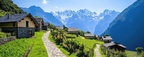 Mountain village nature concept. Stunning mountain village path surrounded by lush greenery and majestic peaks.