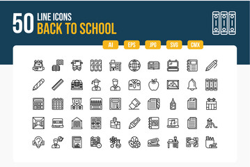  Set of 50 Back To School Icons. Line Icon Collection
