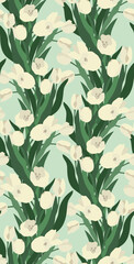 Fototapeta premium Aesthetic contemporary printable seamless pattern with white tulips on green background. Decorative tulip flowers composition design for different purposes.